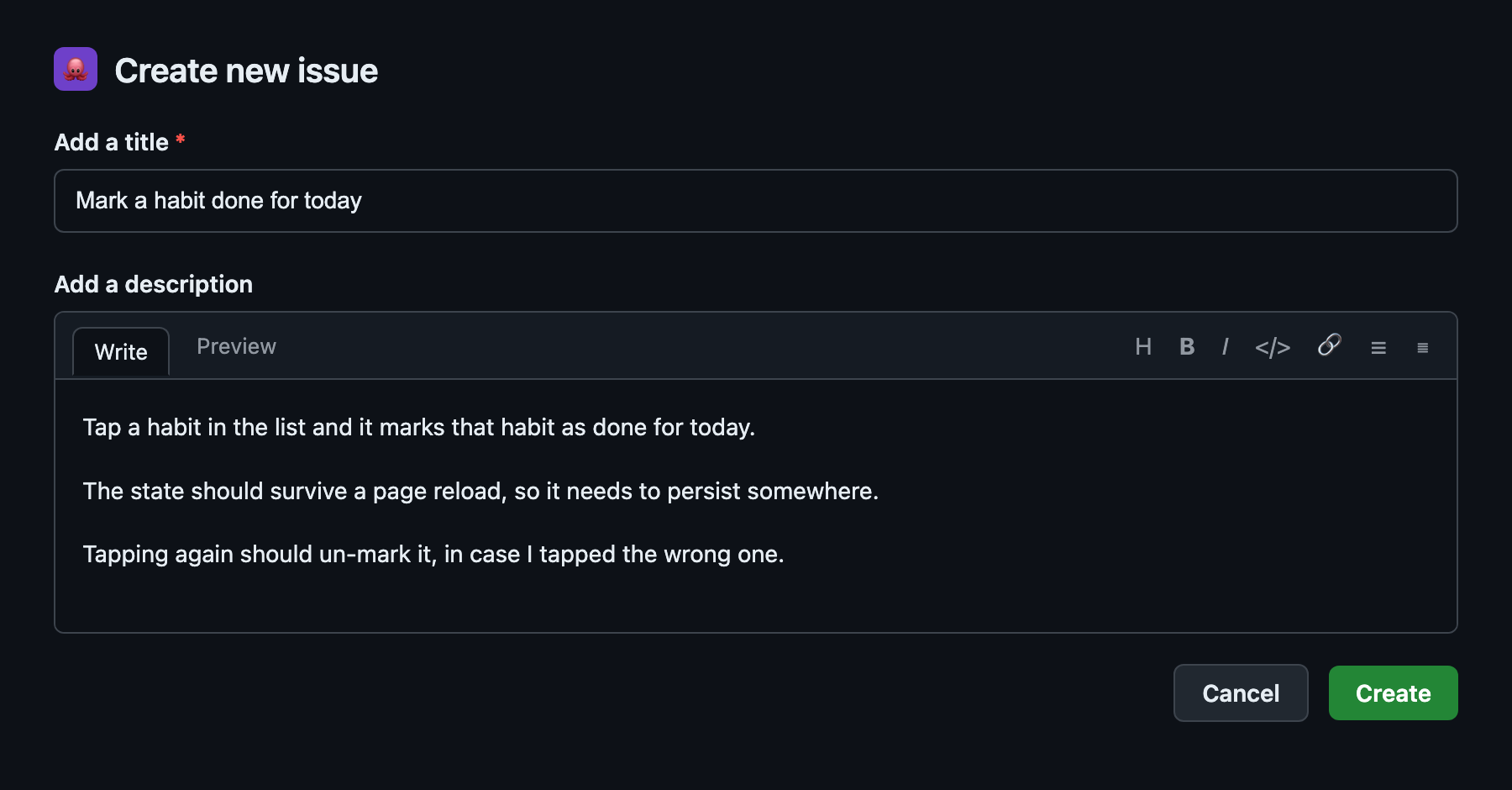 Creating a rough feature issue in the GitHub new-issue form