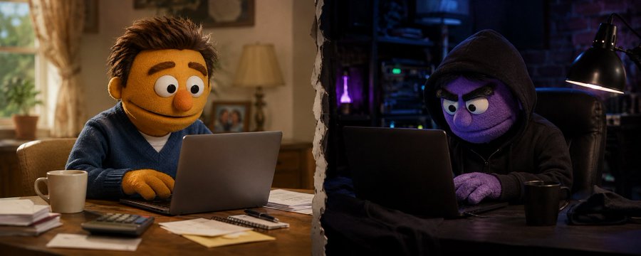 Split scene: on the left an orange puppet works on a laptop in a bright, tidy home; on the right a purple hooded puppet hunches over a laptop in a dark room.